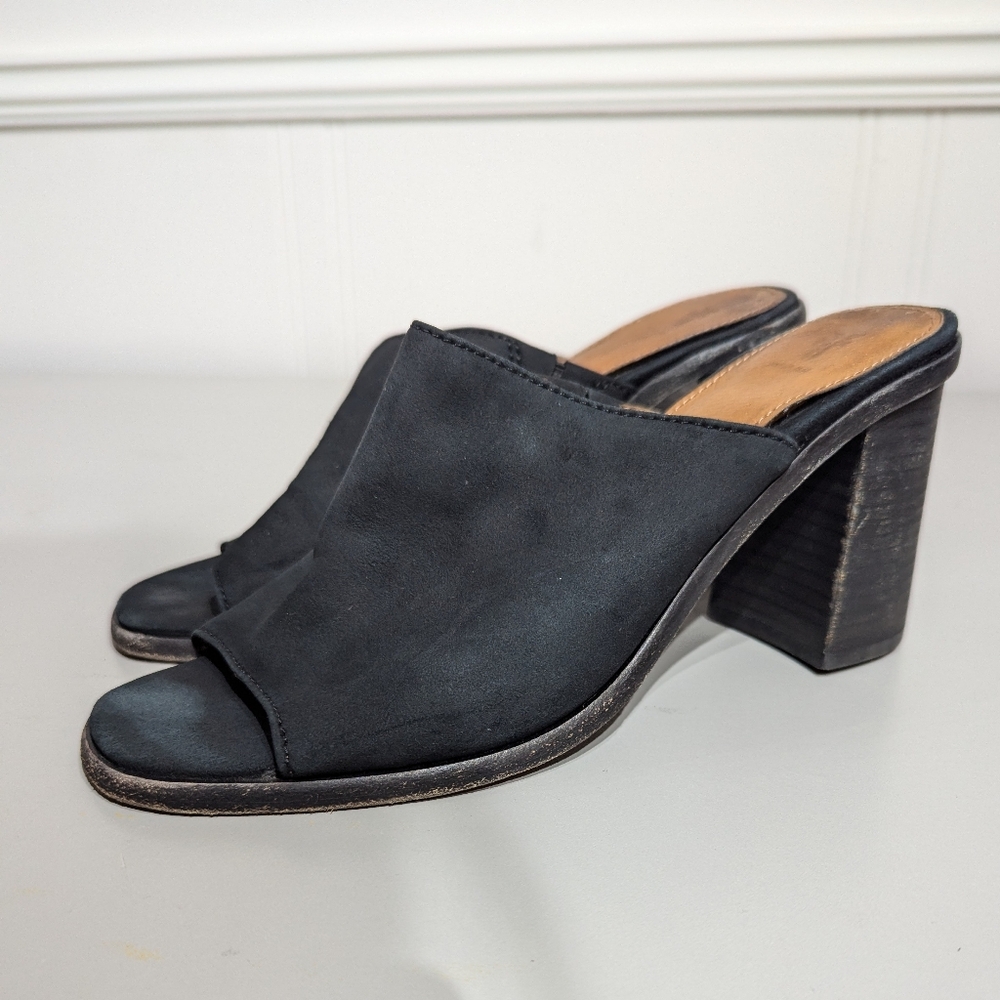 Frye Women's Black leather suede mule chunky block heel open toe size 8.5